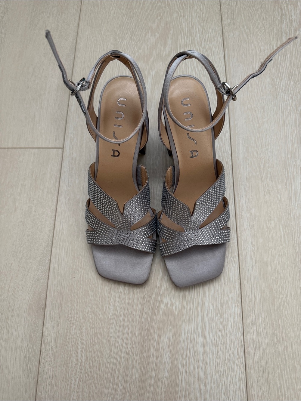 Unisa Silver-Tone Woven Strappy Block Heel Sandals